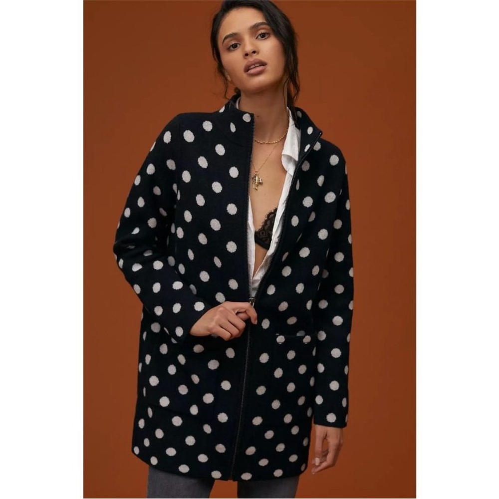 Anthropologie Field Flower Black polka dot Wool Sweater Coat Medium wool pockets